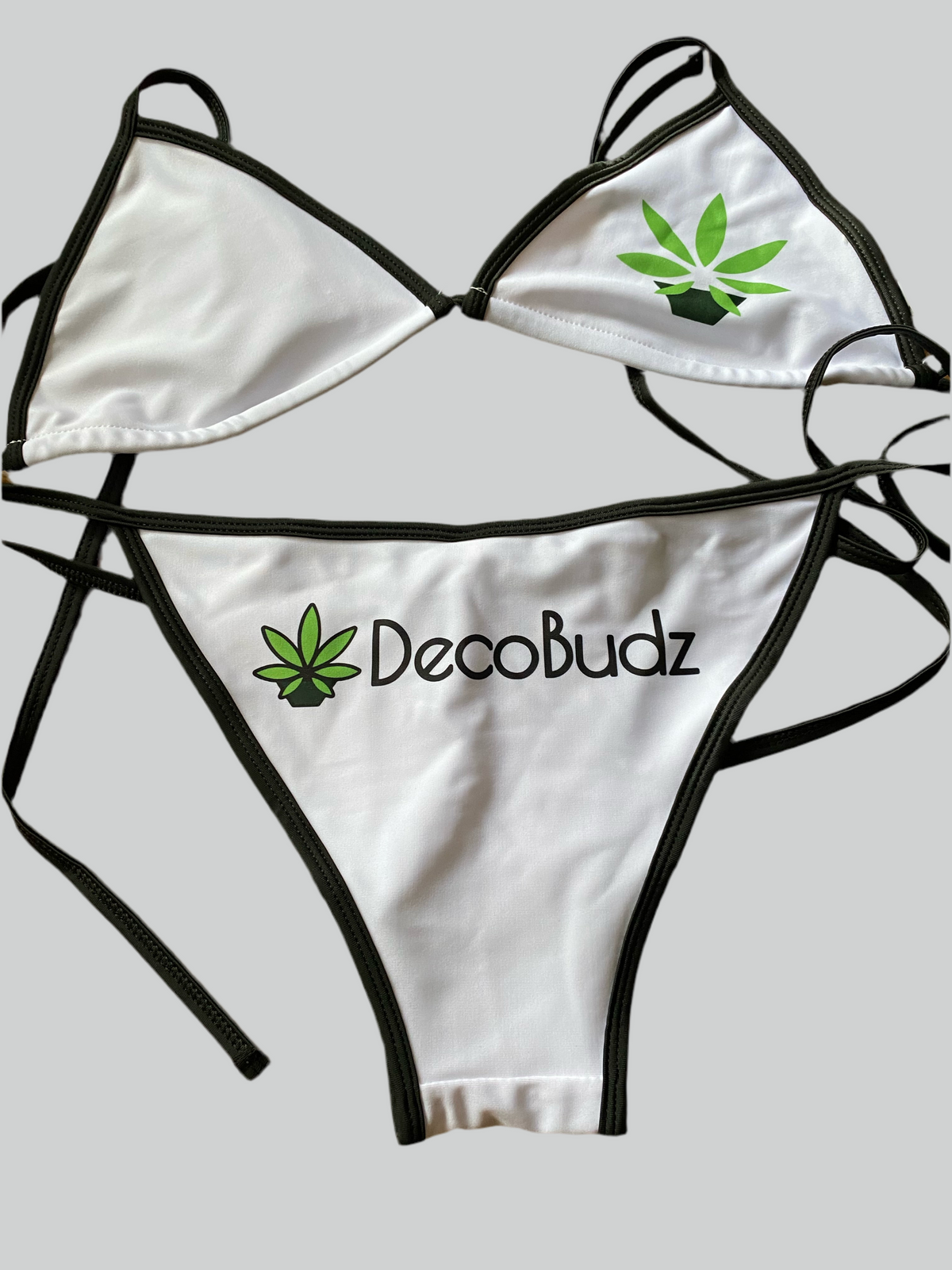 Cannabis-inspired DecoBudz bikini available in multiple sizes, perfect for beachwear with a unique, edgy style.”