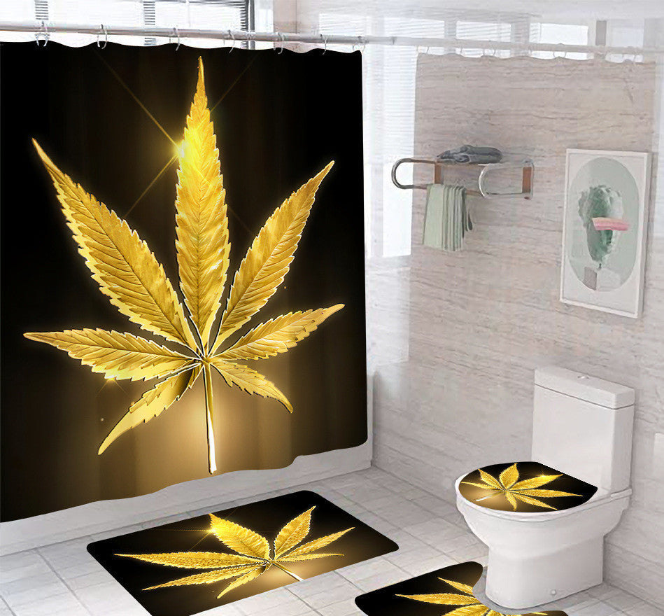 Waterproof hemp golden leaf 3D printed shower curtain, toilet cover, U-shaped mat, and floor mat