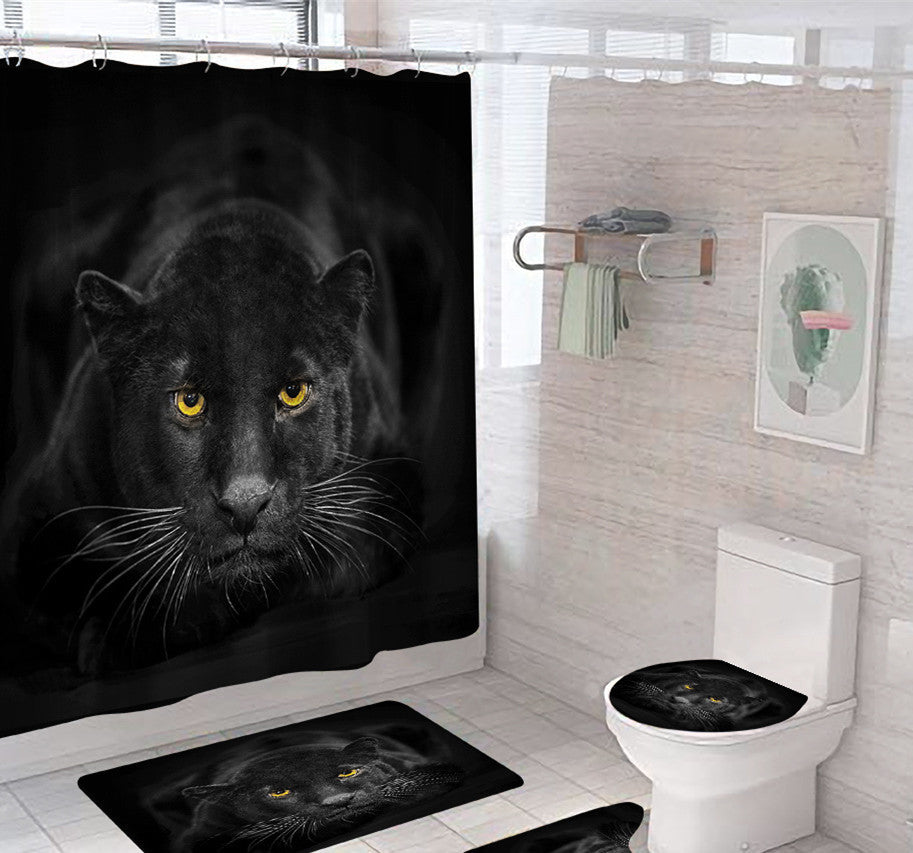 Waterproof Black Panther 3D printed shower curtain, toilet cover, U-shaped mat, and floor mat