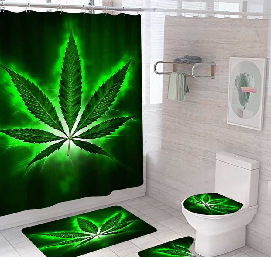 Waterproof hemp green leaf 3D printed shower curtain, toilet cover, U-shaped mat, and floor mat