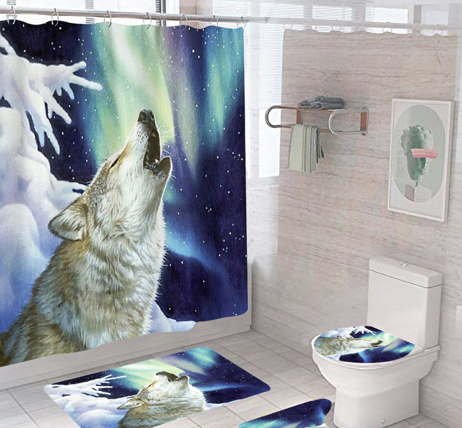 Waterproof wolf 3D printed shower curtain, toilet cover, U-shaped mat, and floor mat