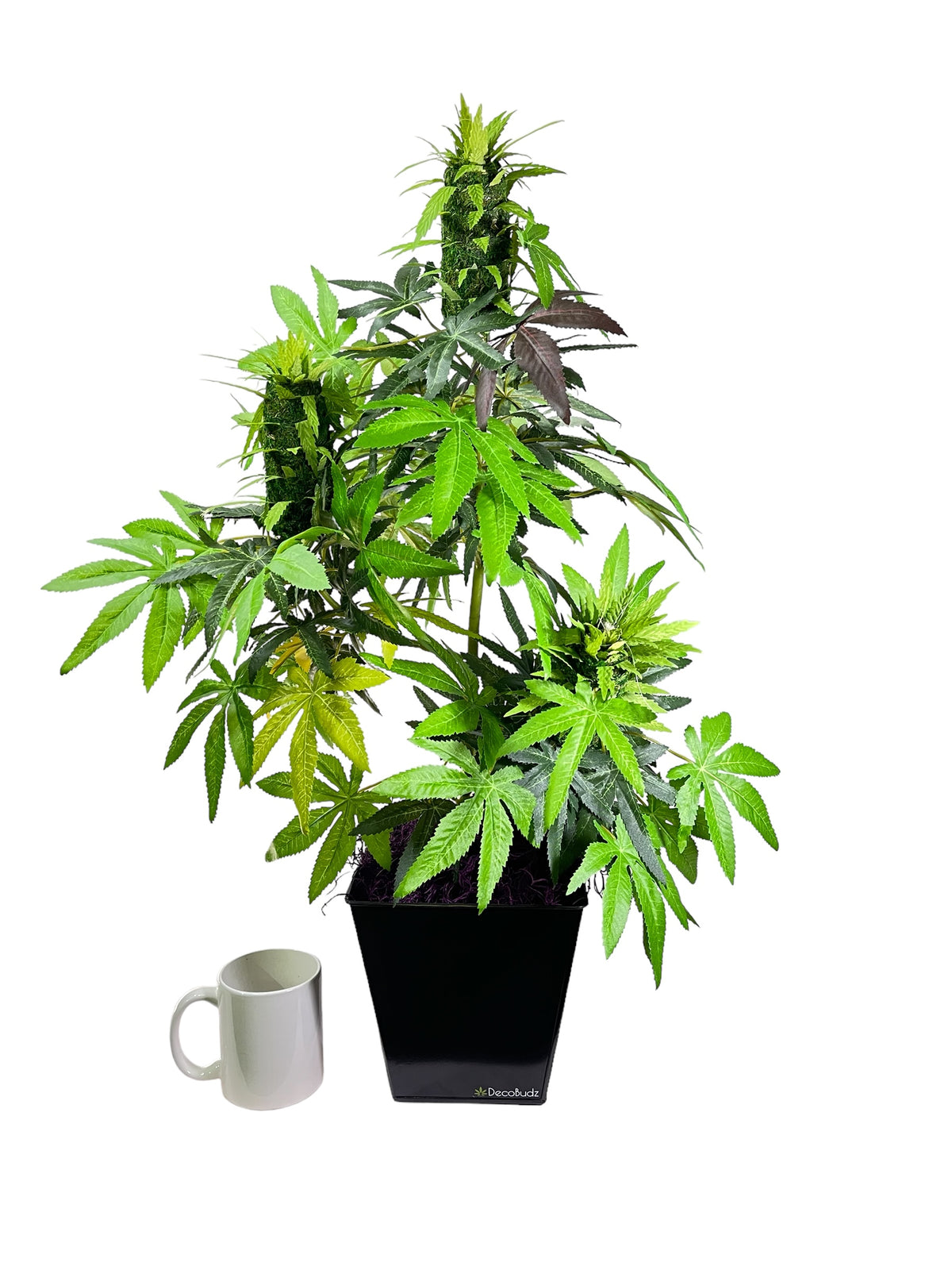 Large 28-inch decorative fake cannabis plant with three lifelike buds for home decor.