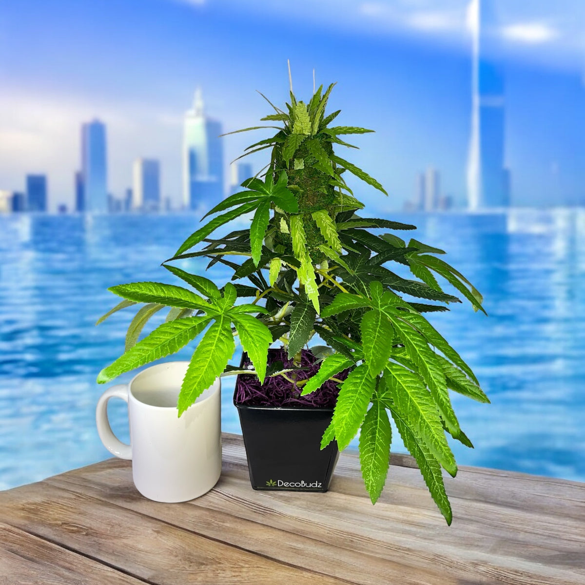 16-inch lifelike fake weed plant with a large hand-rolled bud in a sleek metal container.